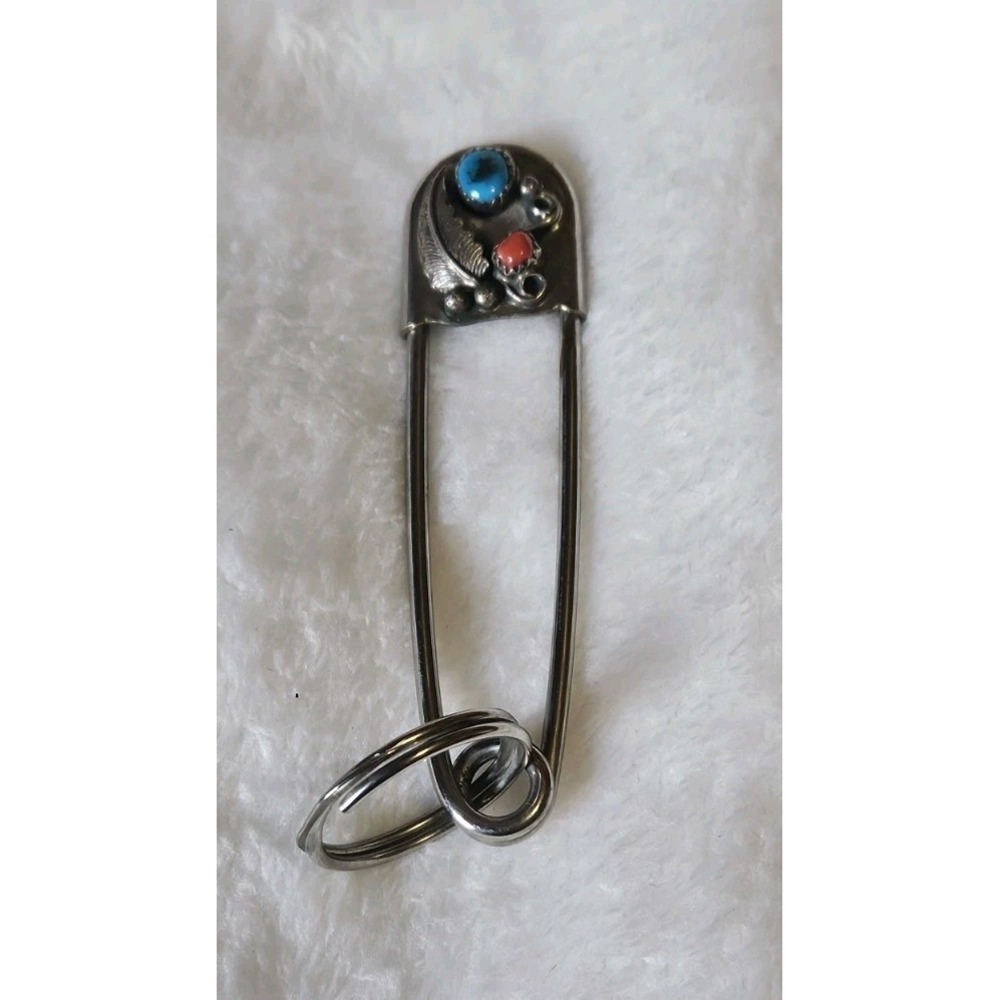 Vtg Large Safety Pin Keychain Coral And Turquoise Inlaid Stones 3" Native